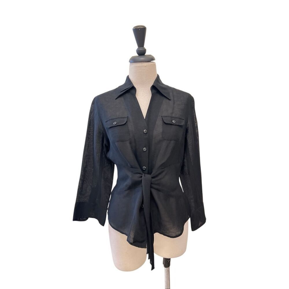 Nic + Zoe Women's Silk Linen Blend Tie Front Button-Down Shirt Black Size Small